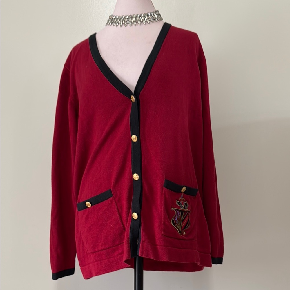 Bob Mackie dark red with black trim, embroidered patch cardigan in size large